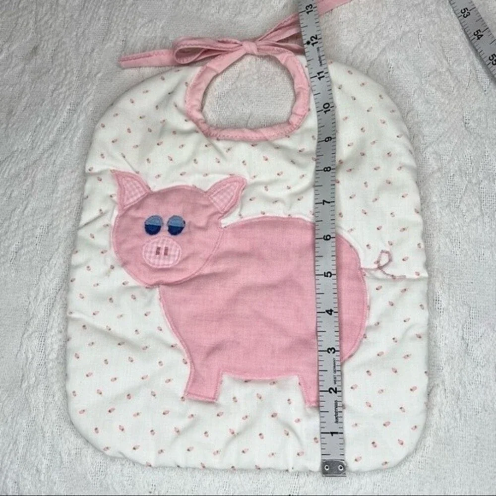 Vintage Handmade Bib Embroidered Pink Pig Large Oversized Baby's Drool Bib